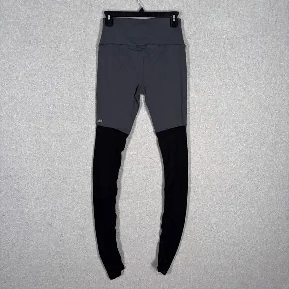 Alo Yoga Goddess Leggings Medium Gray Black High Rise Ribbed Ruched Ballet Dance - Picture 8 of 12